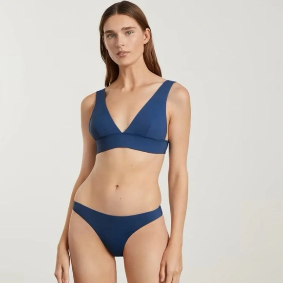 EVERLANE High Rise Blue Medium Coverage Bottoms  and Triangle Swimsuit Top XS/S - Picture 1 of 9